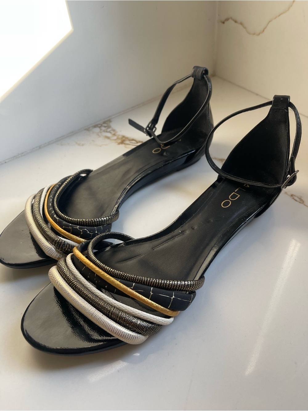 Aldo Black Ankle-Strap Sandals with metallic Bands size 9 - Picture 2 of 5